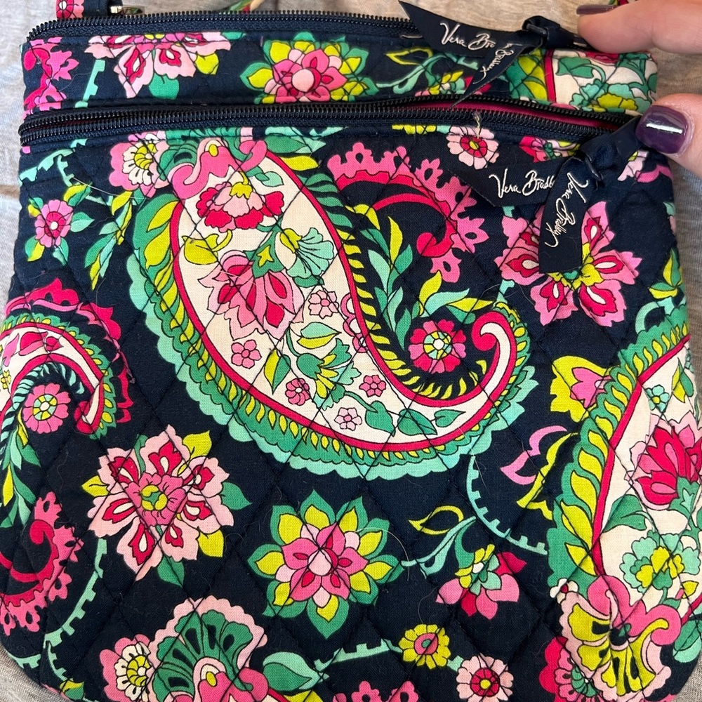 Vera Bradley cross body paisley, fuchsia interior 8 1/2” x 9”